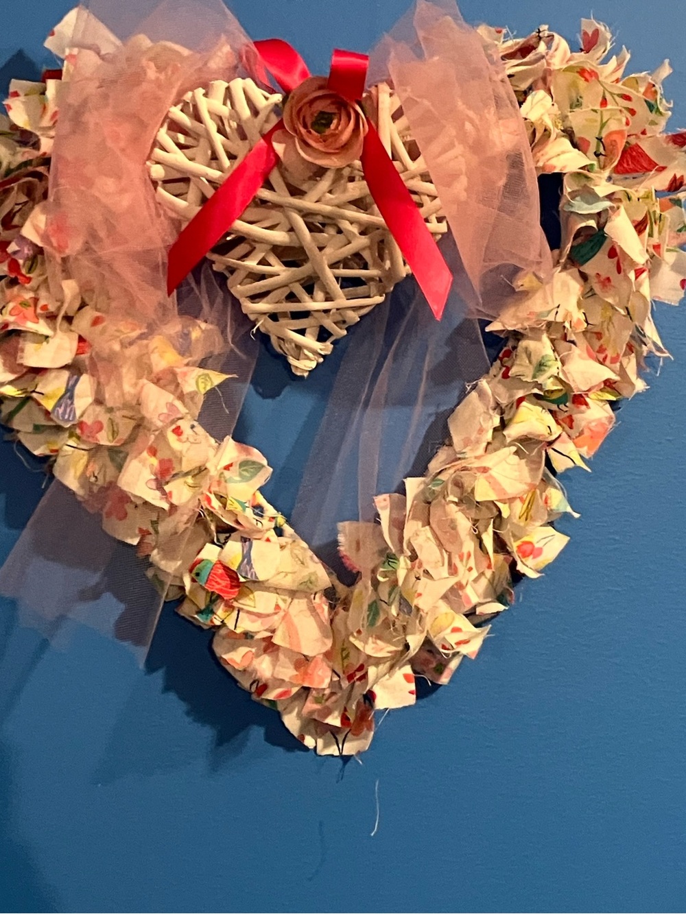 Pink Ribbon Heart Wreath with Floral Fabric Accents